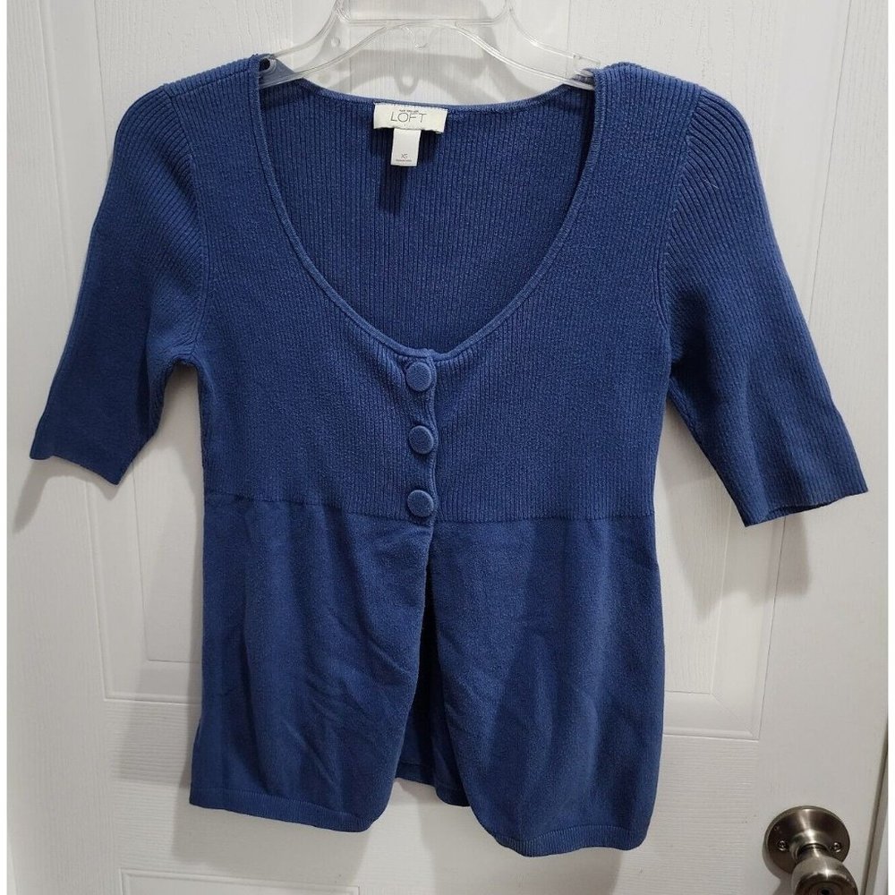 Ann Taylor Loft Women's Short Sleeve Cardigan Sweater Top 1/4 Button Blue Sz XS